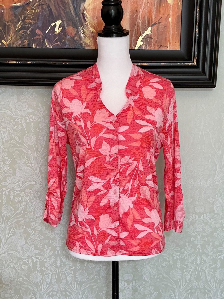 M&S Classic Pink Floral Blouse Size 14 Lightweight Button Up Summer Top