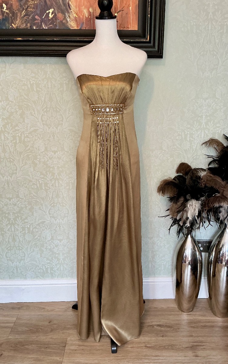 Monsoon 100% Silk Liquid Gold Gem & Fringe Maxi Dress UK 12 Show-Stopping Prom Gown