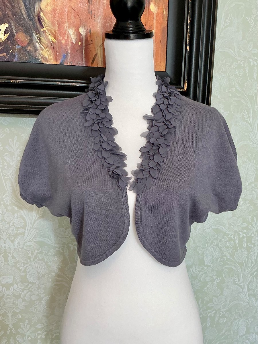 Jacques Vert Grey Bolero Shrug Cardigan 3D Flower Trim Vintage Style Size Small