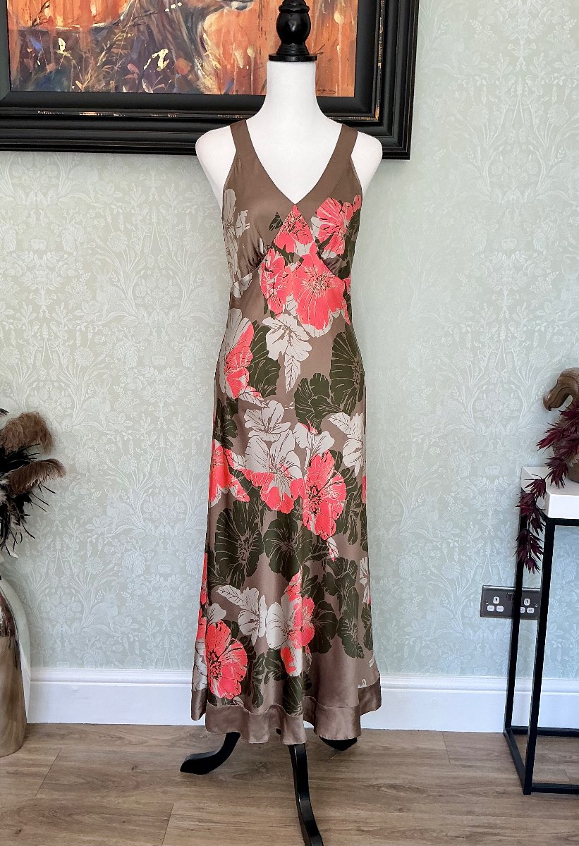 Monsoon 100% Silk Floral Maxi Dress Slip Look Y2K Boho Chic Occasion Summer Size 10