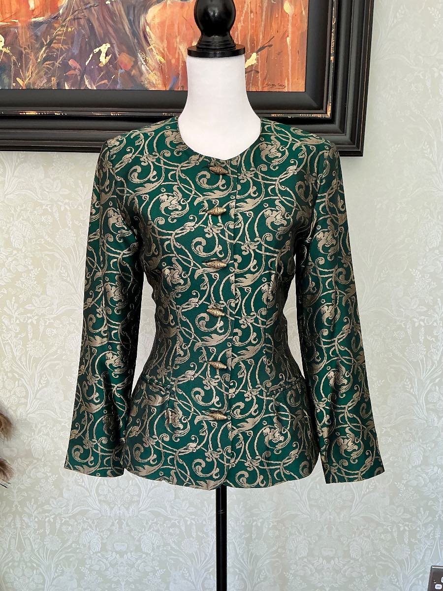 Vintage 80’s Monsoon Twilight Gold Green Brocade Cocktail Jacket 10