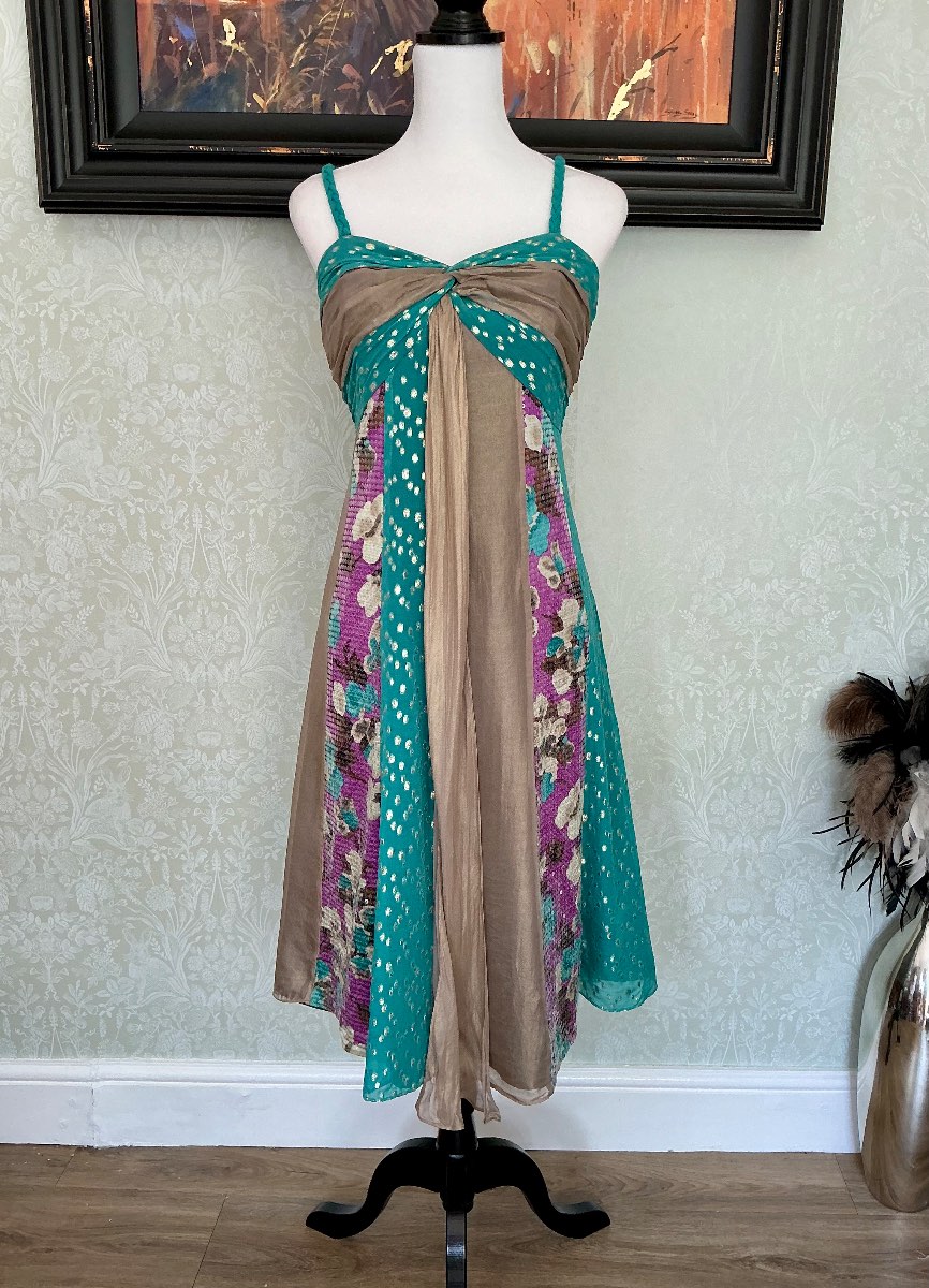 Vintage Y2K Monsoon 95% Silk Sequin Patchwork Midi Dress UK 14