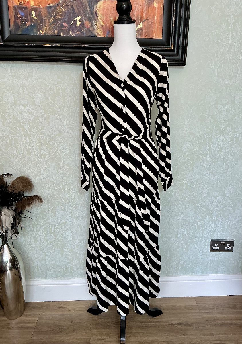 F&F Monochrome Stripe Dress Stunning Tiered Maxi, Size 8