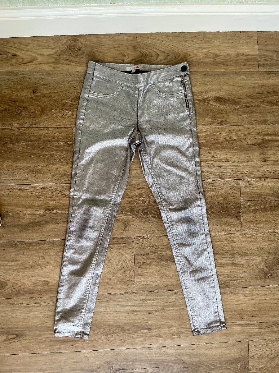 Asos Petite Metallic Silver Liquid Foil Skinny Trousers UK 4 Festival Jeans