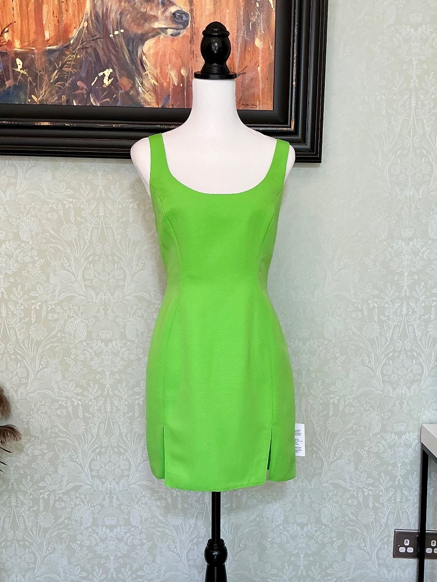 ASOS Design Lime Green Structured Mini Dress Scoop Neck Thigh Splits 14