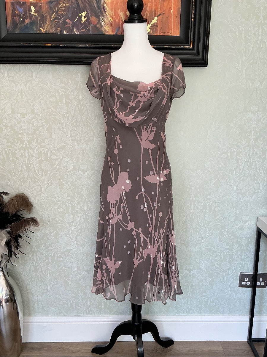 Fenn Wright Manson Silk Cowl Neck Midi Dress Vintage Y2K Taupe Pink Dot Devore UK 8