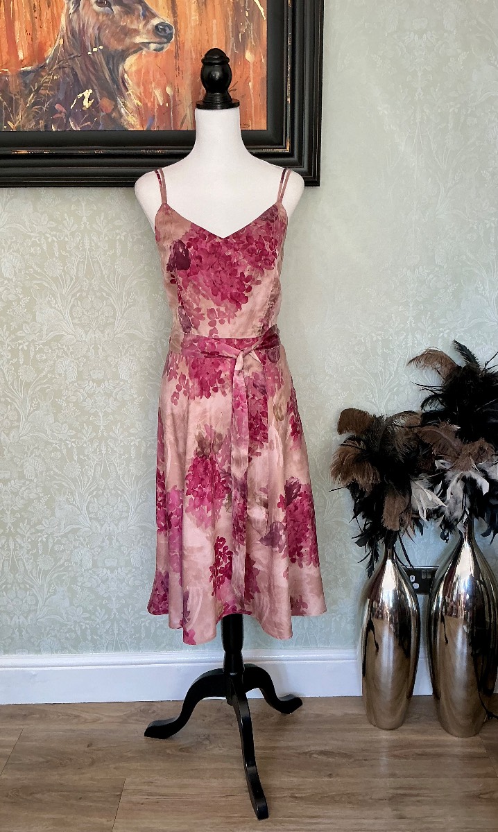 Y2K Monsoon 100% Silk Pink Floral Midi Slip Dress UK 14 Cottagecore Wedding