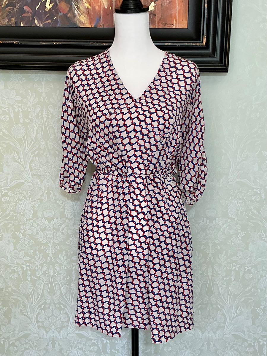 Maje 100% Silk V-Neck Geometric Mini Dress – Size 1 (UK 8)
