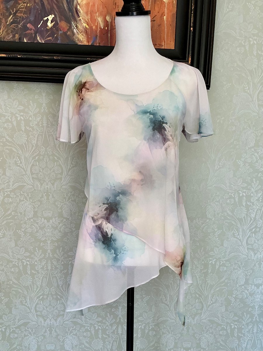 Jacques Vert Collection Pastel Watercolour Floral Fairycore Chiffon Asymmetric Top 10
