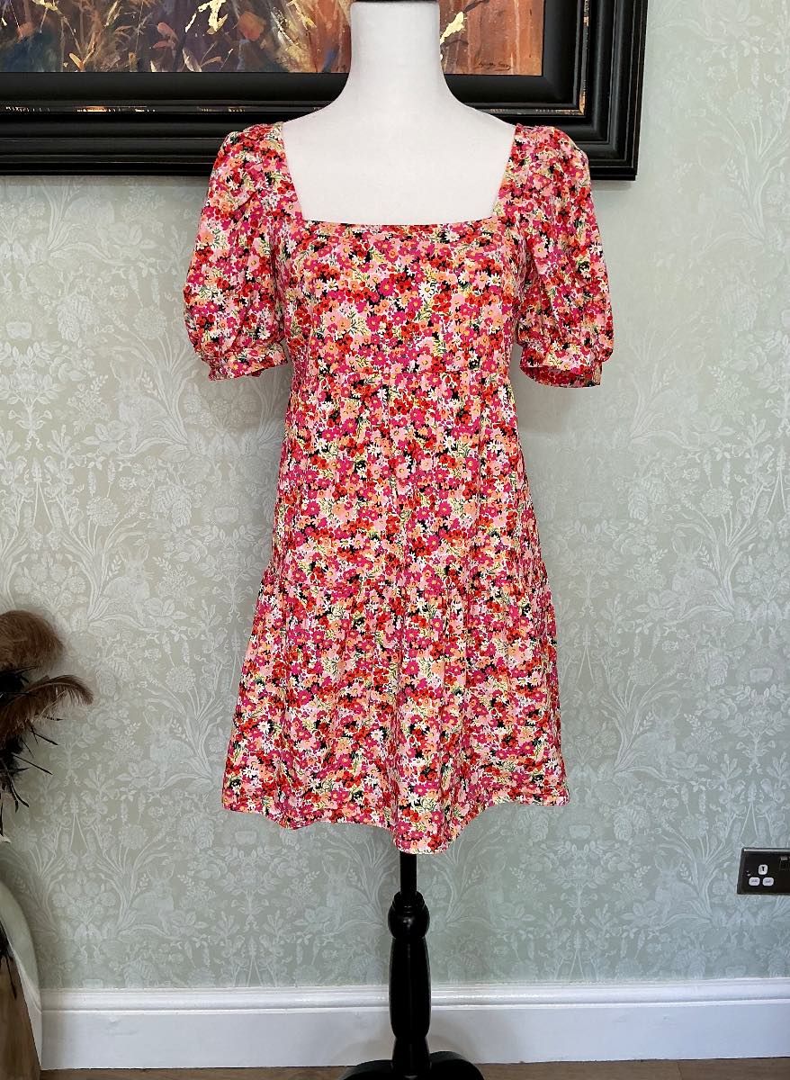 Stunning New Look Bright Ditsy Floral Cotton Smock Dress Size 6 Puff Sleeve