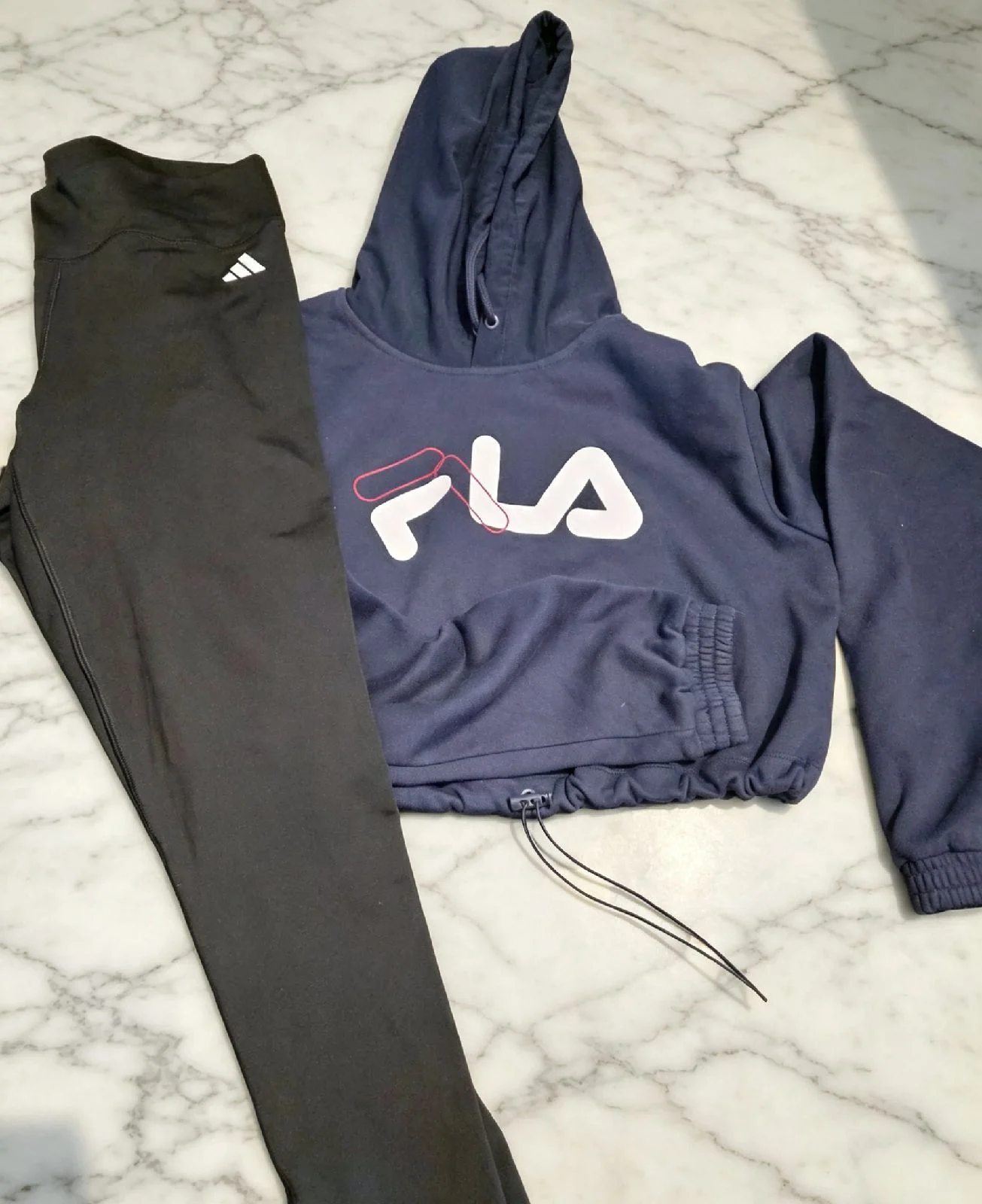 Fila Navy Cropped Hoodie (M) & Adidas Black High Waist Leggings (L) – Activewear Set
