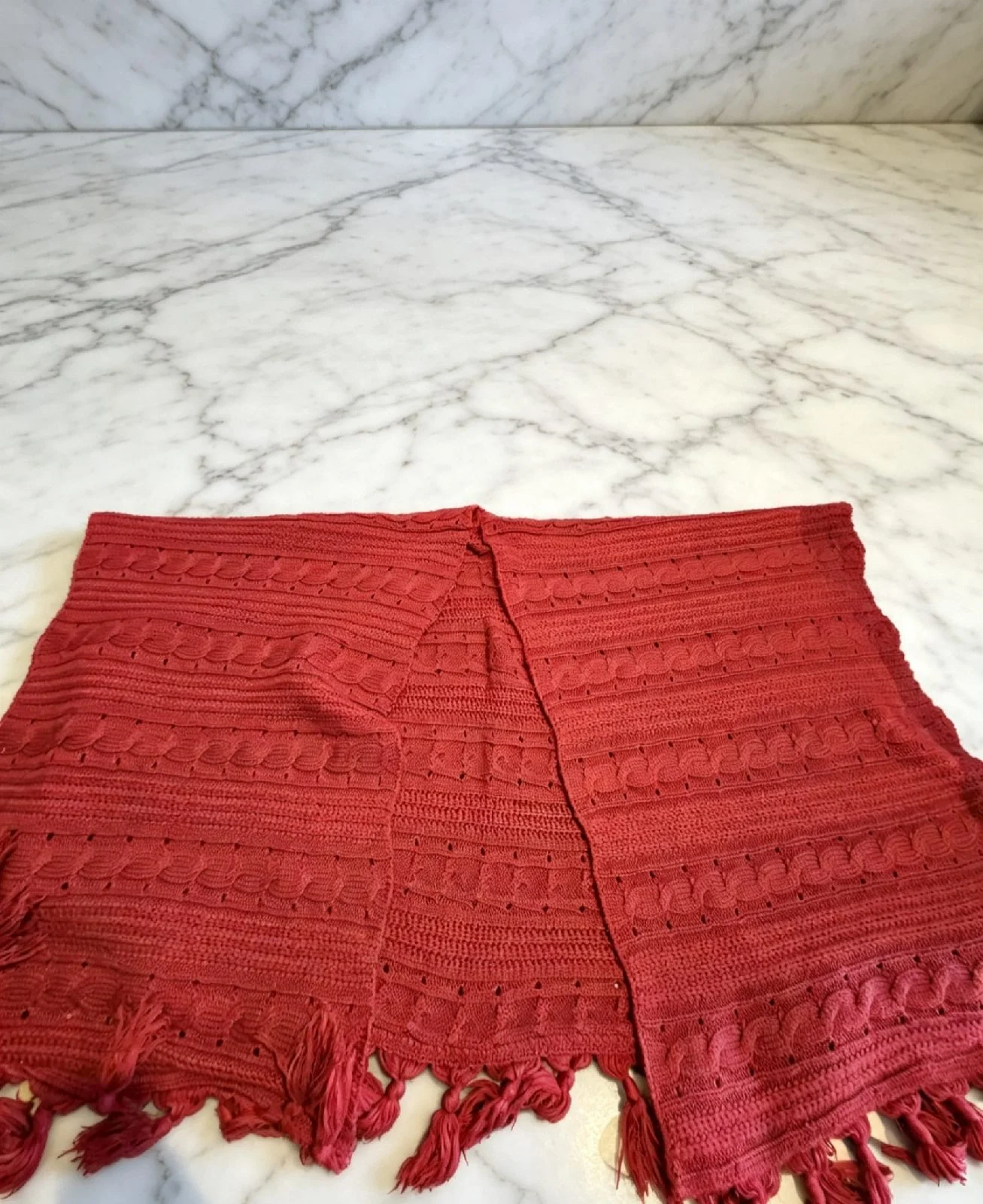 Burgundy Knitted Shawl | Cable Knit Tassel Wrap | One Size