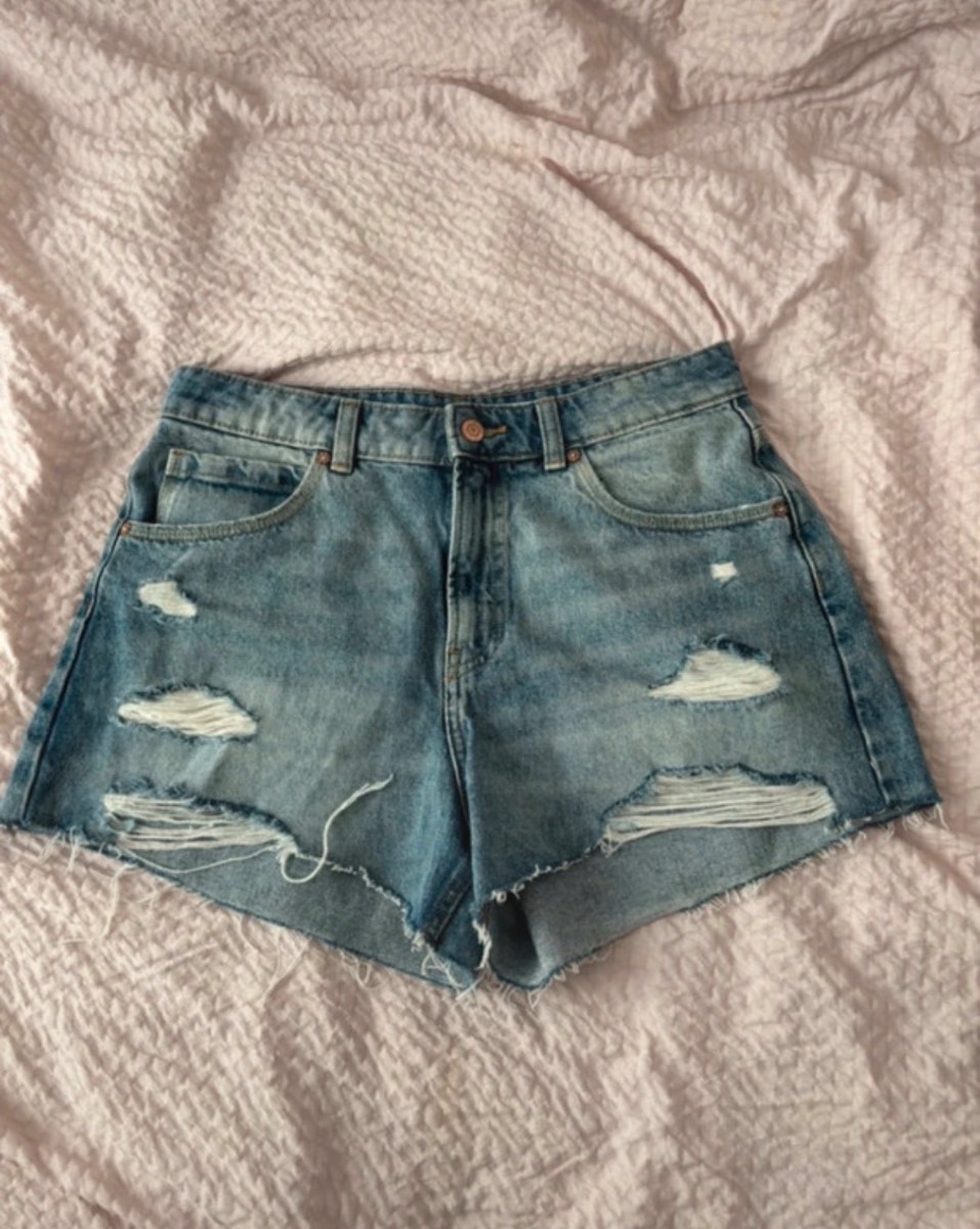 Bershka UK10 Blue Distressed Denim Shorts