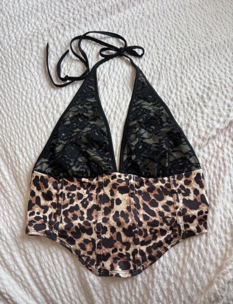 Women’s Small Leopard Print Lace Halter Neck Top