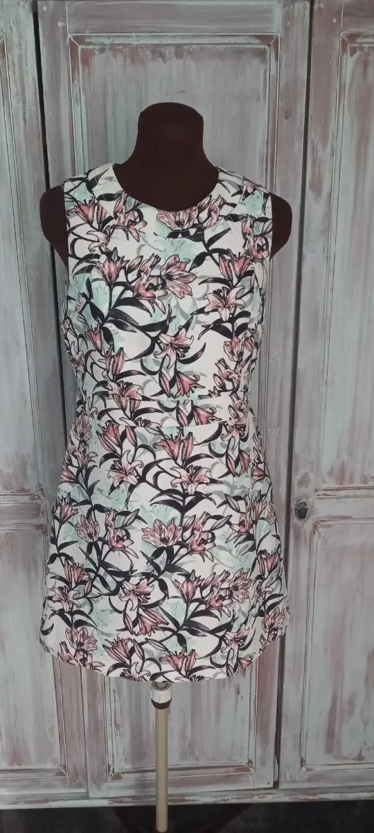 Warehouse mini dress linen feel orchid print pale green pink sleeveless size 12 wedding race day