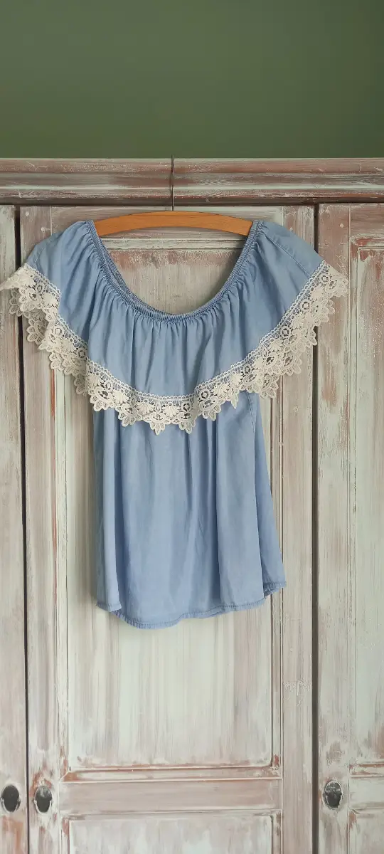 Cottagecore aesthetic boho peasant bardot lace trim top pale blue size 8-10