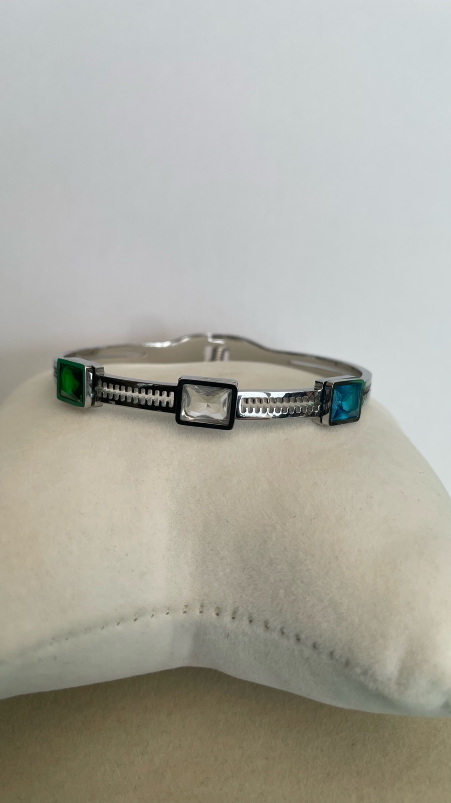Women Crystal Cuff Bracelet Stainless Steel Silver Tone Colourful Stone Bangle