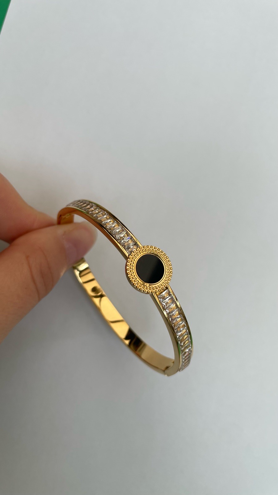 Gold PVD Titanium Steel Black Stone Crystal Bangle Bracelet Women Cuff