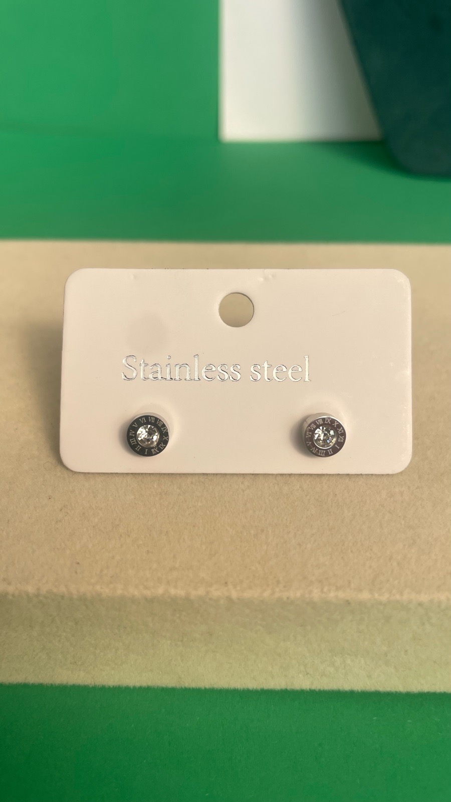 Stainless Steel Roman Numeral Stud Earrings 1cm Crystal Tarnish Free