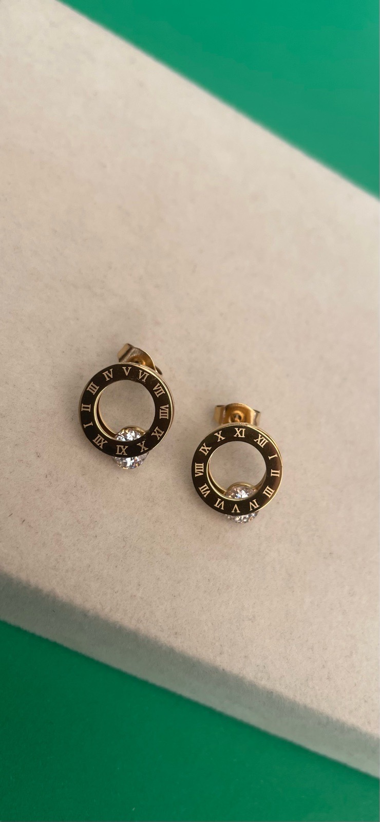 Gold Roman Numeral Stud Earrings Crystal Rhinestone Elegant