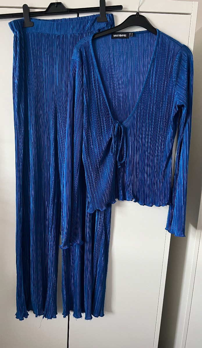 Missy empire |  plisse tie front top and wide leg pants co-ord set in blue | size uk 12