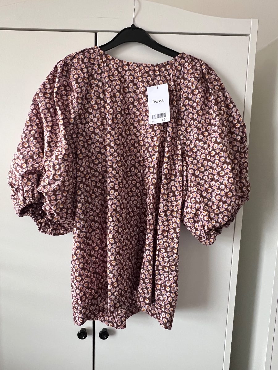 next | brown & purple floral print blouse with puff sleeves | size 14 | brand new