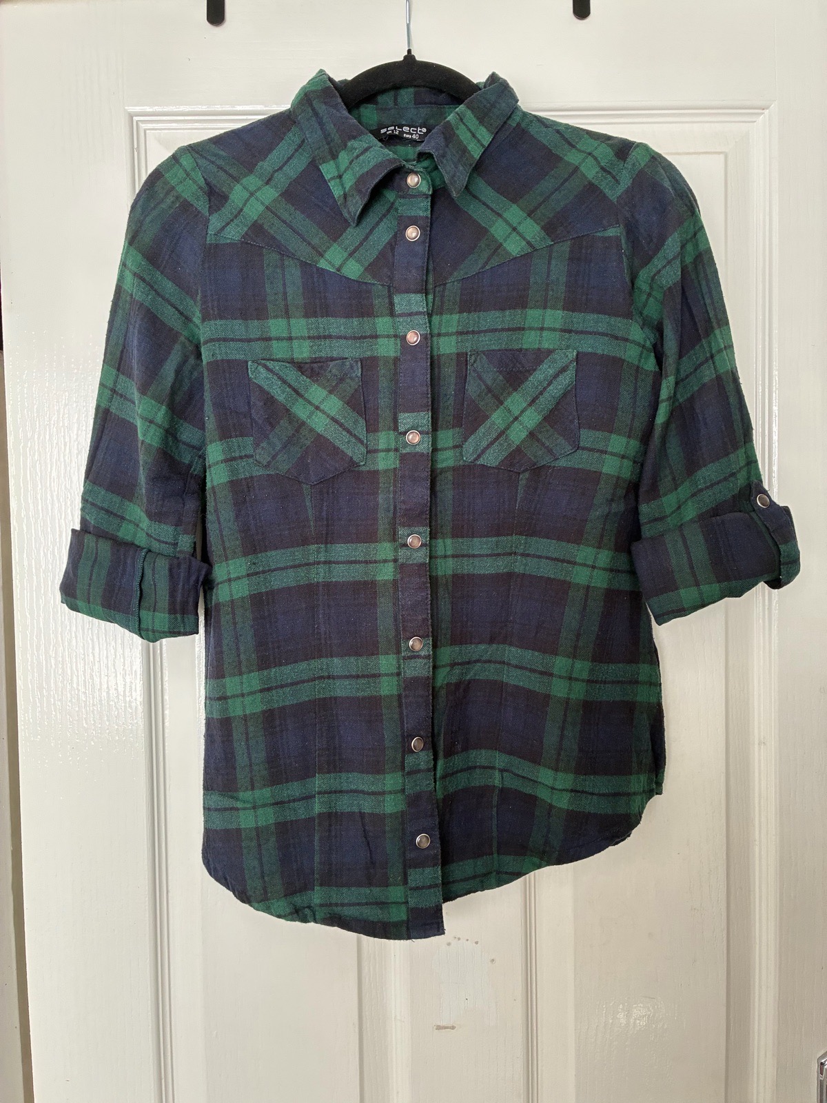Unisex Select Size 12 Green & Navy Blue Plaid Button-down Flannel Shirt