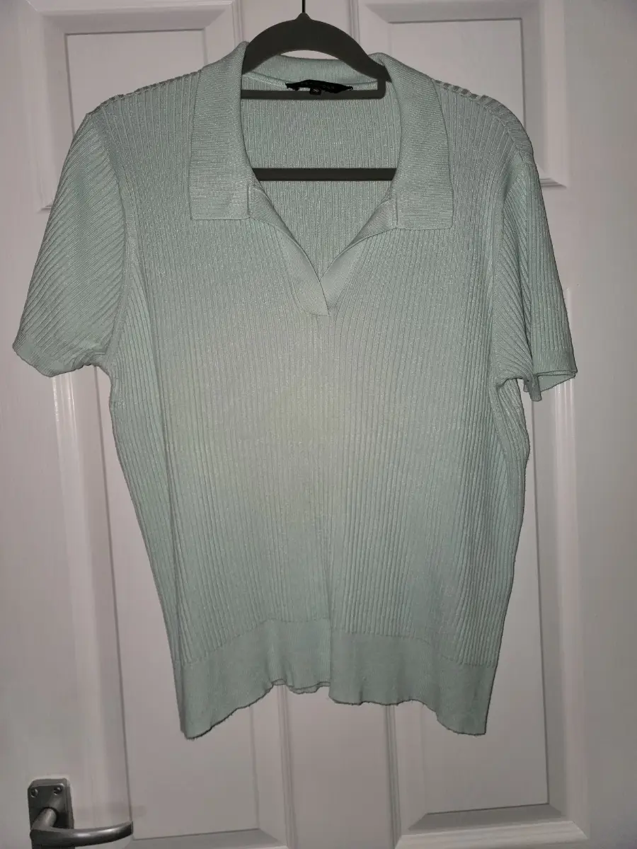 Mint green short sleeved v neck collared jumper size 20