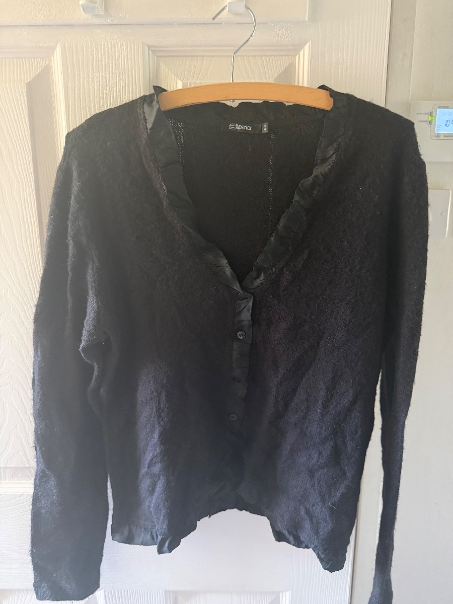 Black fluffy cardigan satin trim button front size 12