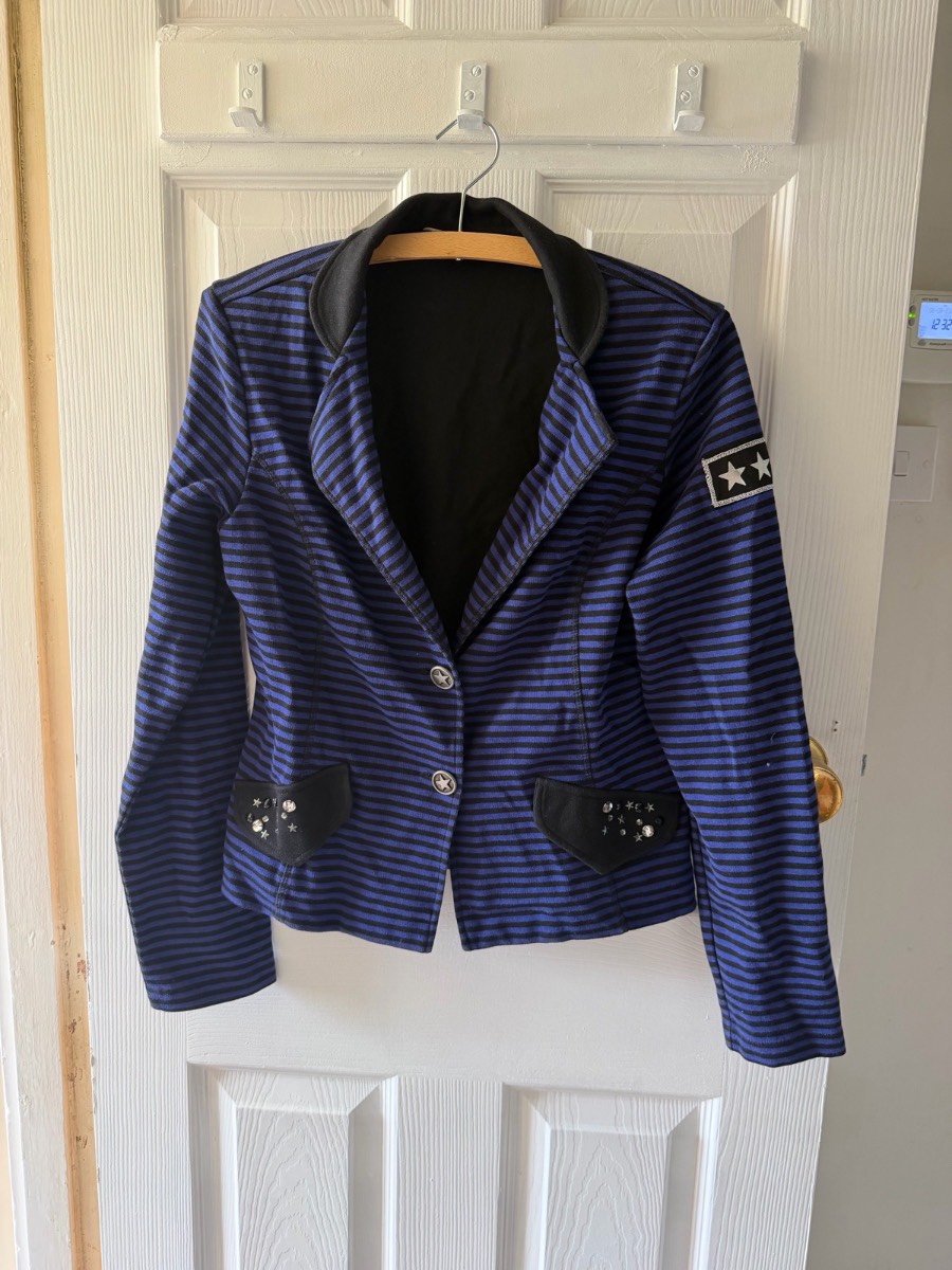 Blue & Black Striped Military Blazer Star Details Fitted Jacket