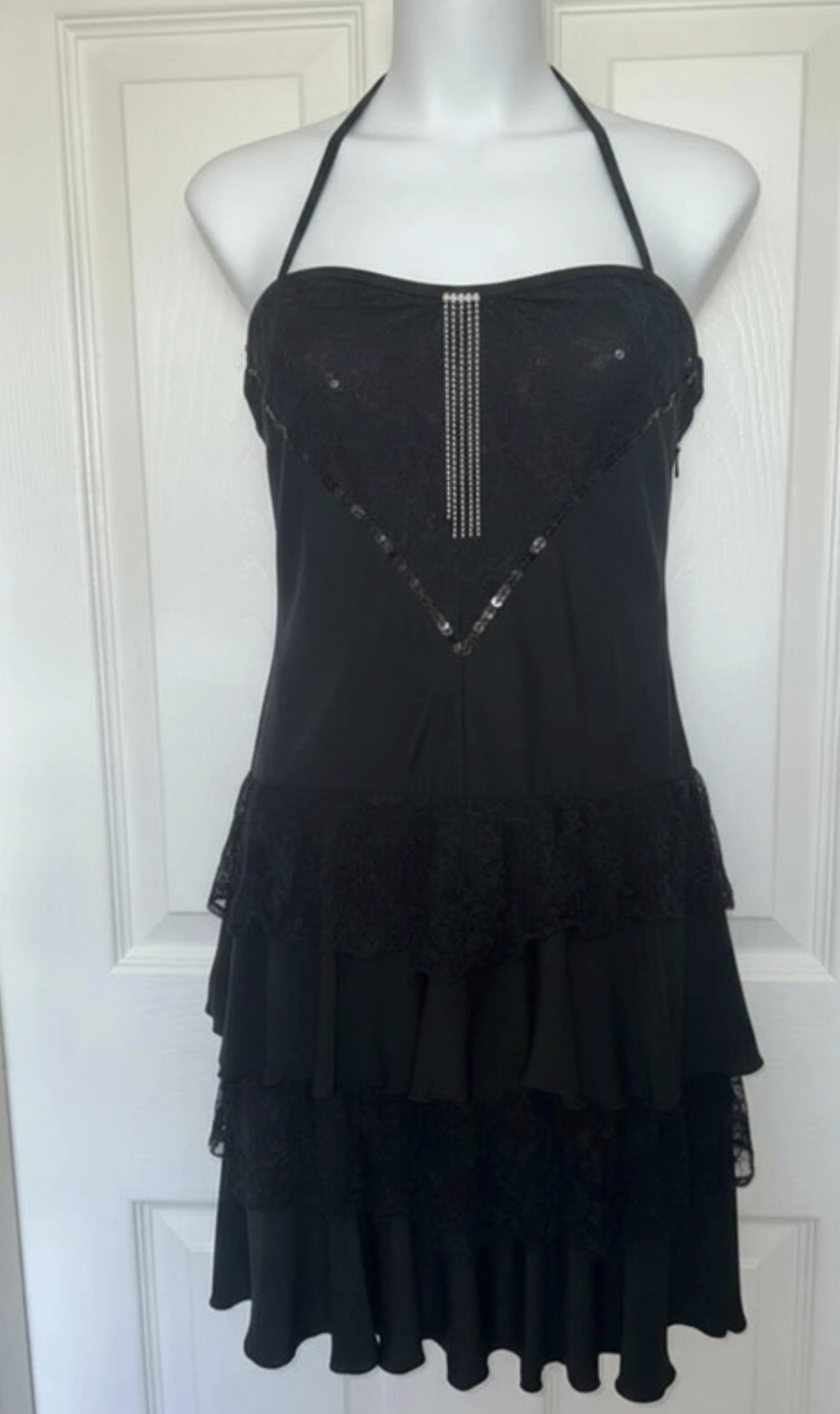 Black halter neck tiered ruffle midi dress Y2K diamanté detail Size M