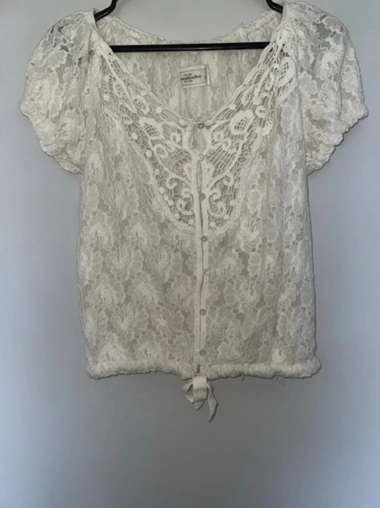 Cream lace puff sleeve blouse cottagecore boho tie hem top size M