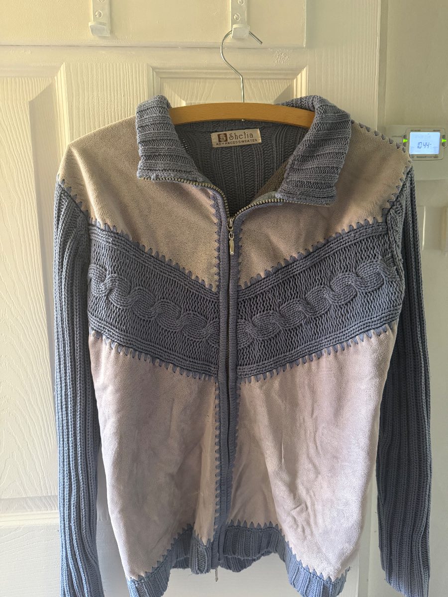 Sheila's Suede & Cable Knit Zip Cardigan Grey Boho Vintage Western