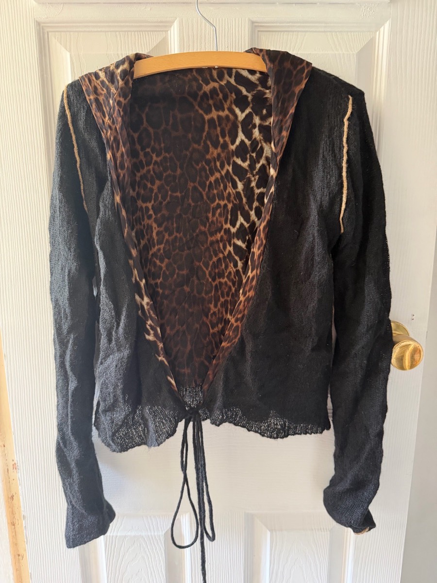 Black open-front knit cardigan leopard lining tie detail Y2K boho