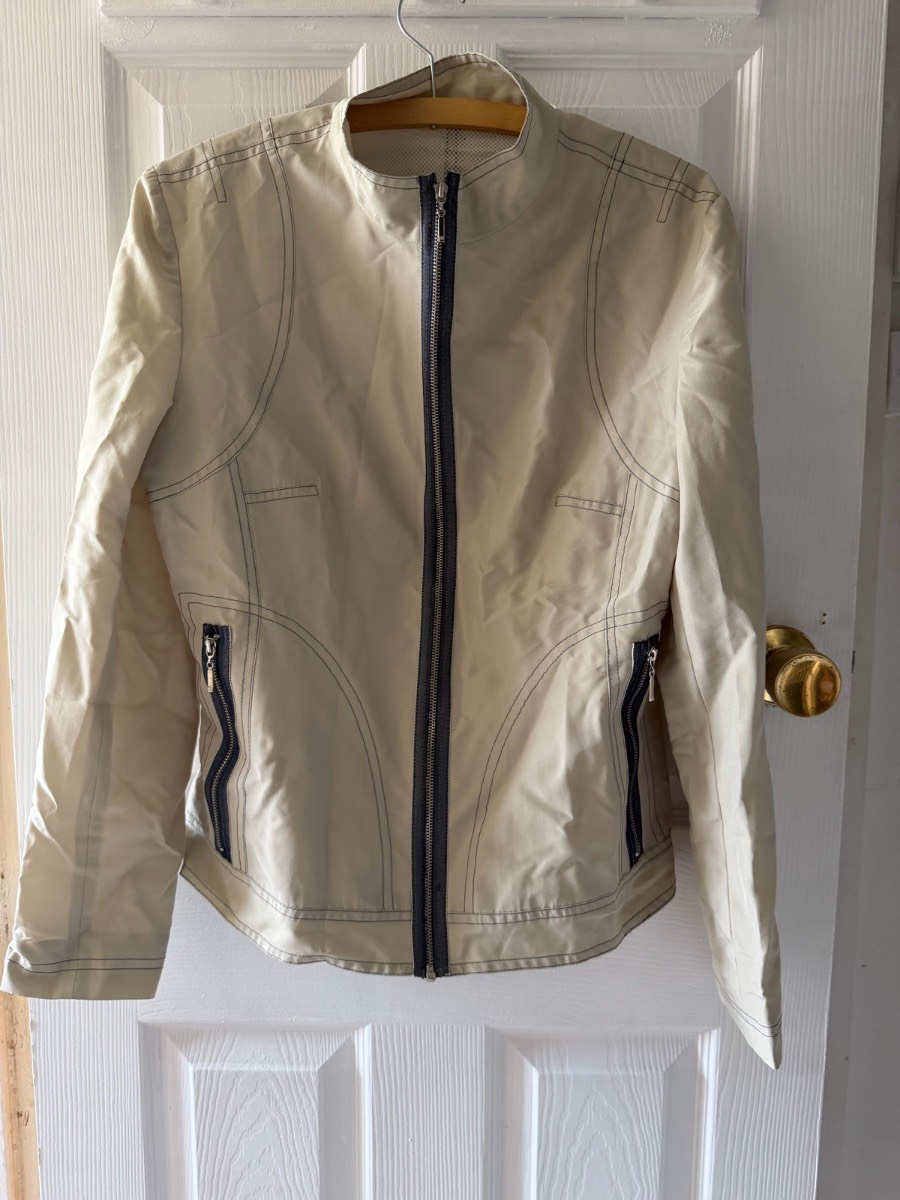 Cream moto-style zip jacket | contrast stitch | Y2K biker vibes