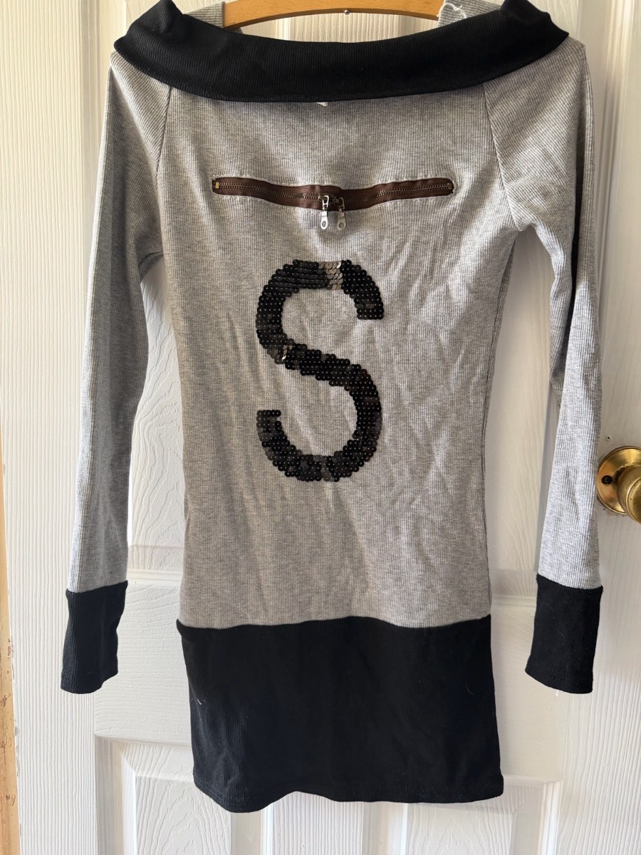 Grey Ribbed Knit Mini Dress Sequin S Cowl Neck Y2K Party