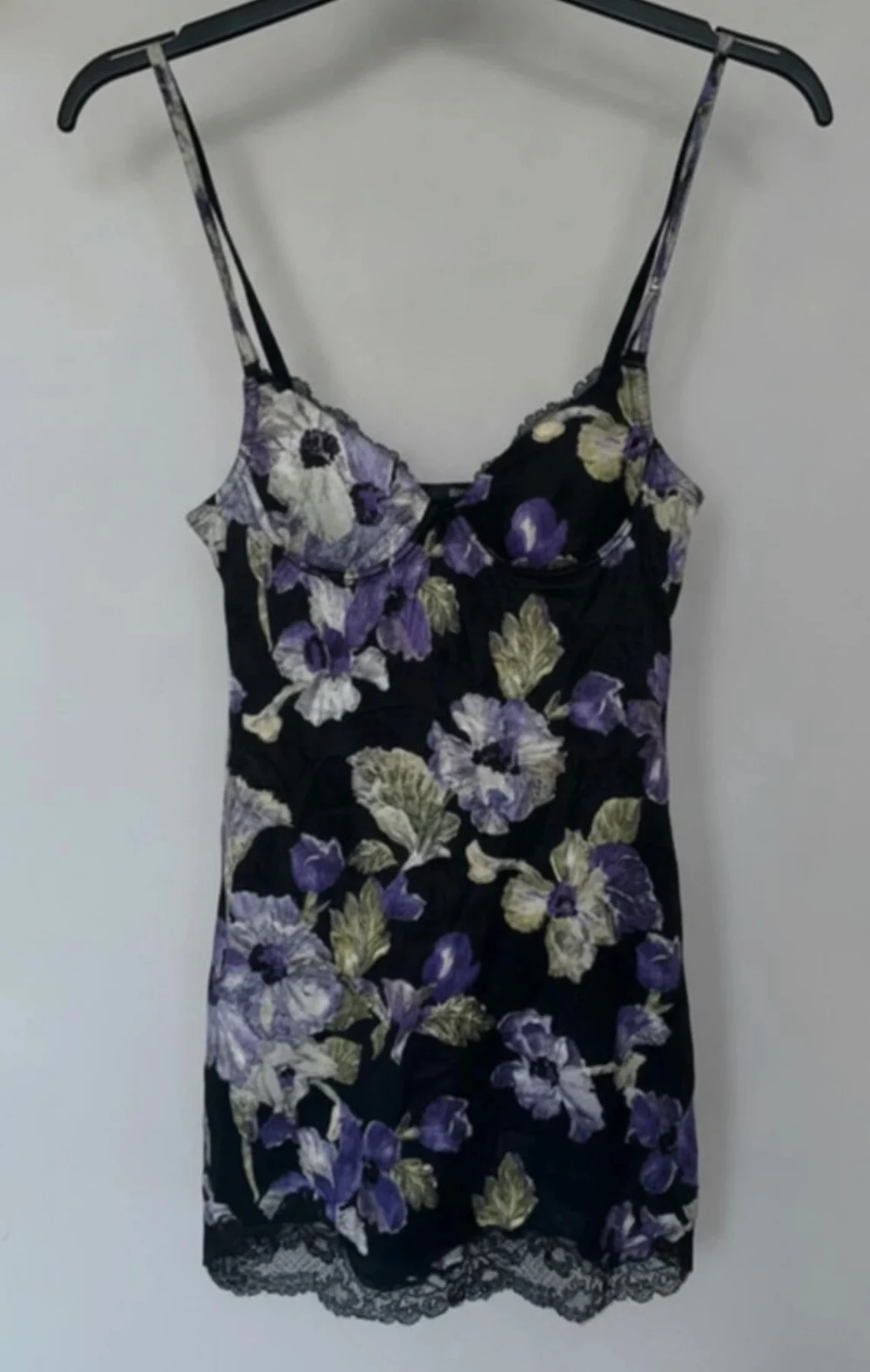 Black floral lace trim slip mini dress spaghetti strap Y2K size S