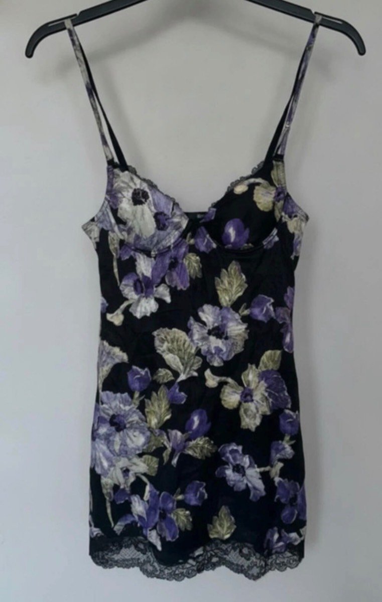 Black floral slip mini dress lace hem purple iris print Y2K Size S