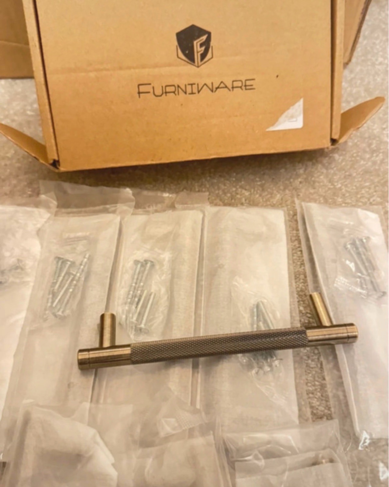 Furniware Modern T-Bar Cabinet Handles / Drawer Pulls - Brushed Brass Finish Pack of 10