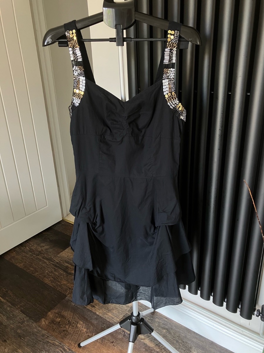 Papaya Black Cotton Beaded Ruffle Mini Dress Size 14