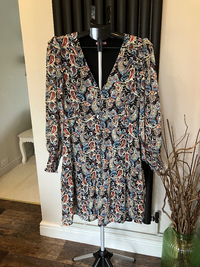 Joe Browns Paisley Dress UK 14 Boho Retro Chiffon Button Front Smock Mini Flared