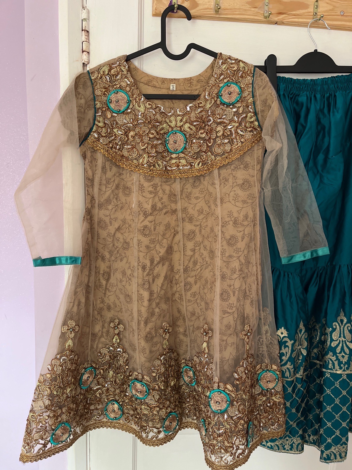 Gold & Teal Embellished Asian Suit – 2-Piece Outfit