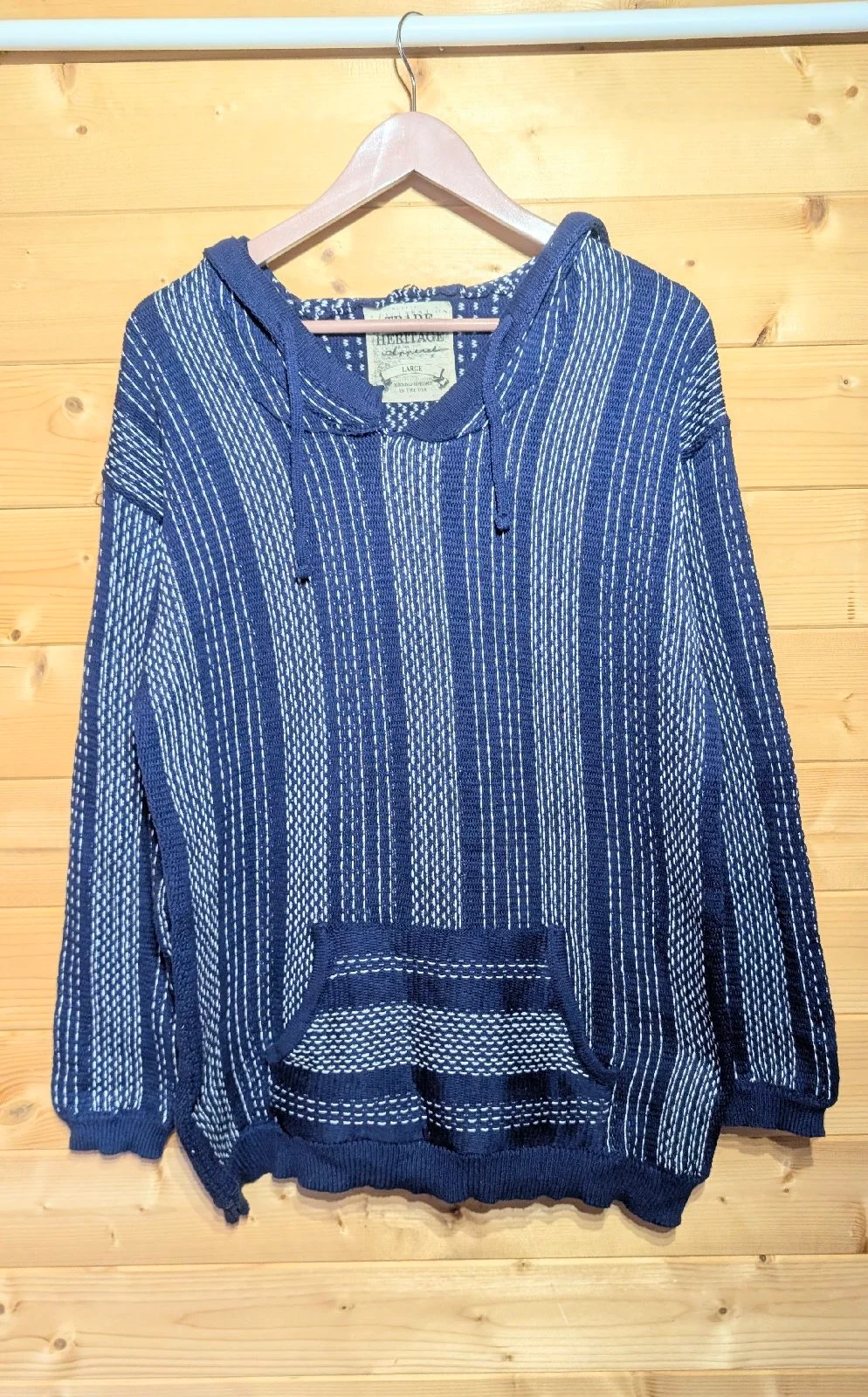 Trade Heritage Knit Hoodie / Baja Sweater Blue White Striped Size L