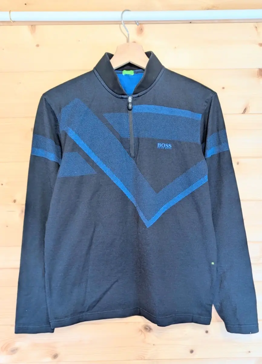 Hugo Boss Men's 1/4 Zip Jumper - Black & Blue Slim Fit Sweatshirt