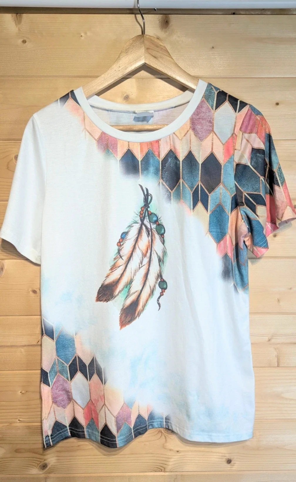 Women's Feather Graphic T-Shirt Geometric Printed Short Sleeve Top Size M