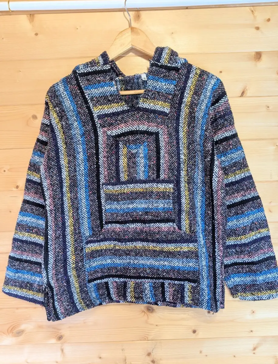 Vintage Mexican Baja Hoodie Jerga Jumper Multicolour Striped Boho Hippie - Size S