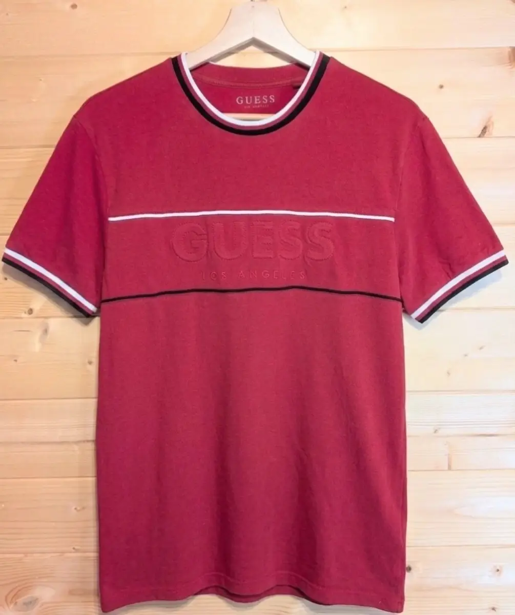 Guess Red Embroidered Logo T-Shirt with Contrast Trim - Size M
