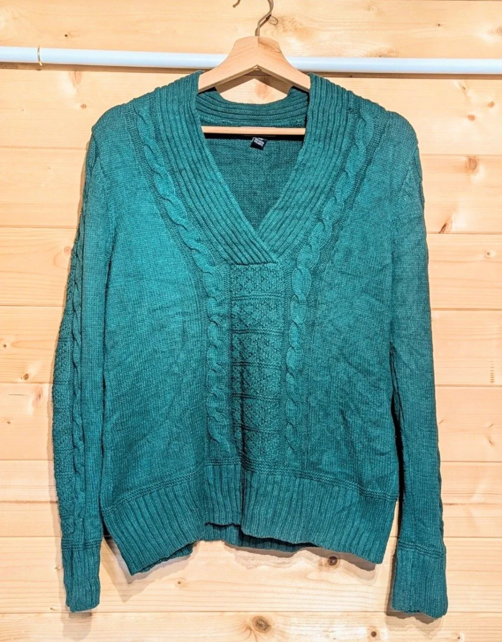 Chaps Denim Teal Green Cable Knit V-Neck Jumper / Sweater - Size L