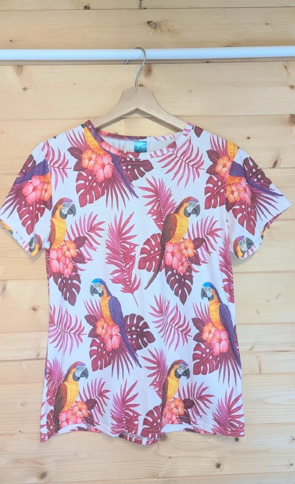 Women's Tropical Parrot & Floral Print T-Shirt - Size Small - Pink & Yellow Summer Tee