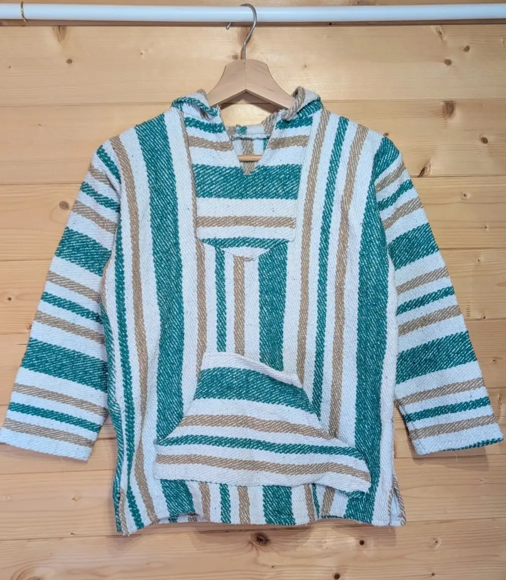 Vintage Striped Baja Hoodie  Mexican Jerga (Teal, White & Beige) Size S( Minor Repair)